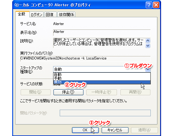 （ローカル コンピュータ） Alerter のプロパティ