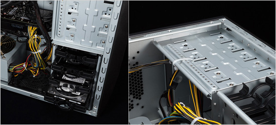 KTケース（ATX）の内部のベイはスクリューレス