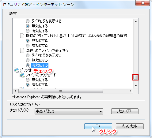 セキュリティ設定…混在するコンテンツを有効にする